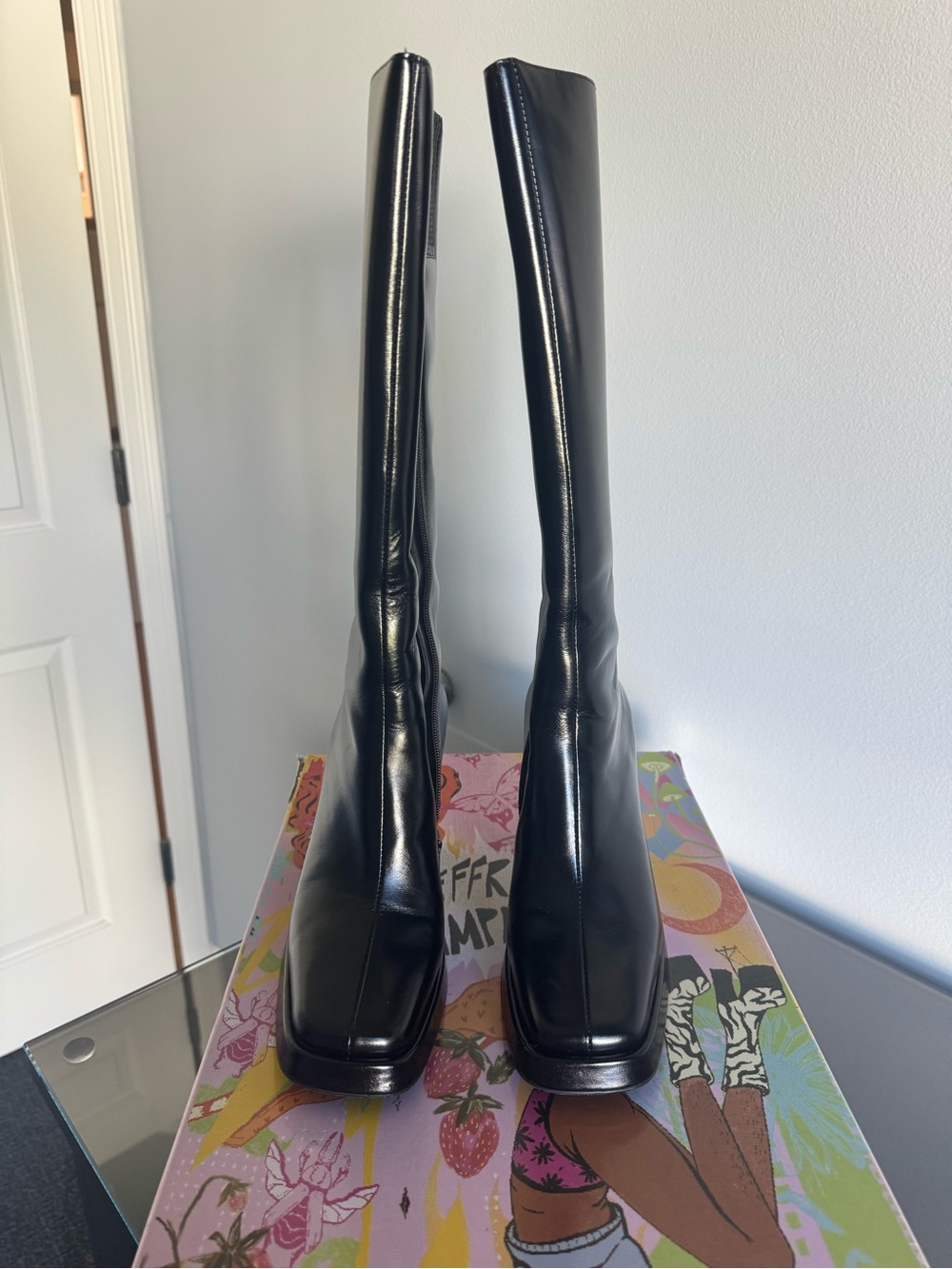 Jeffrey Campbell Black Knee-High Square-Toe Heeled Boots